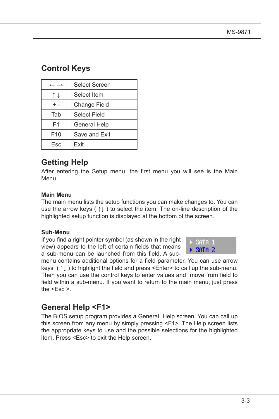 Control keys, Getting help, General help <f1 | MSI IM-GS45-M User Manual | Page 37 / 63