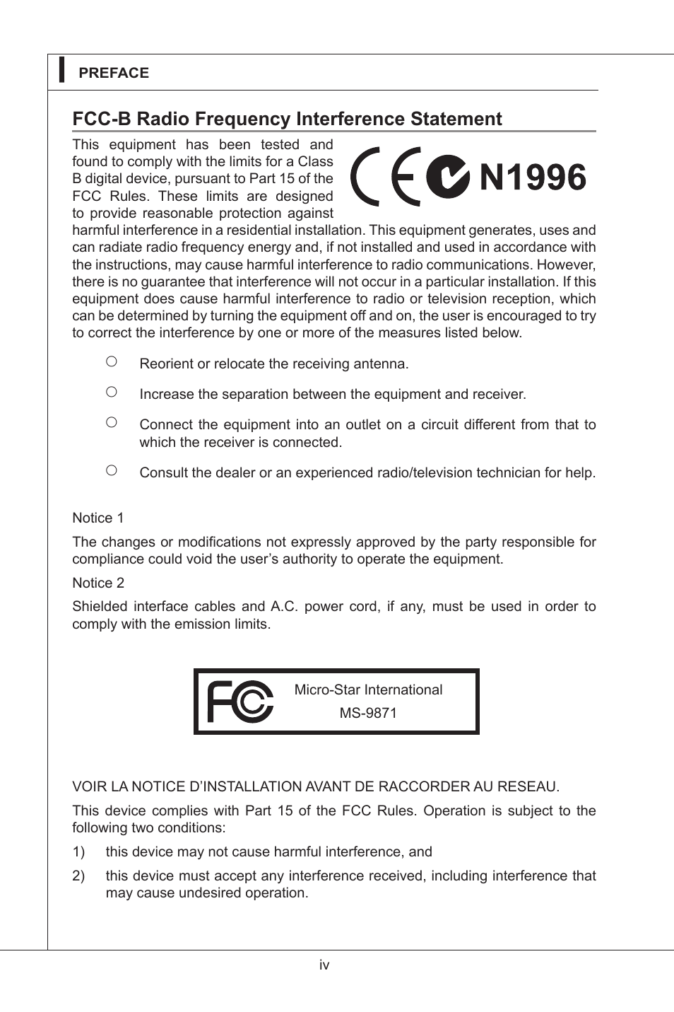 Fcc-b radio frequency interference statement | MSI IM-GS45-M User Manual | Page 4 / 63