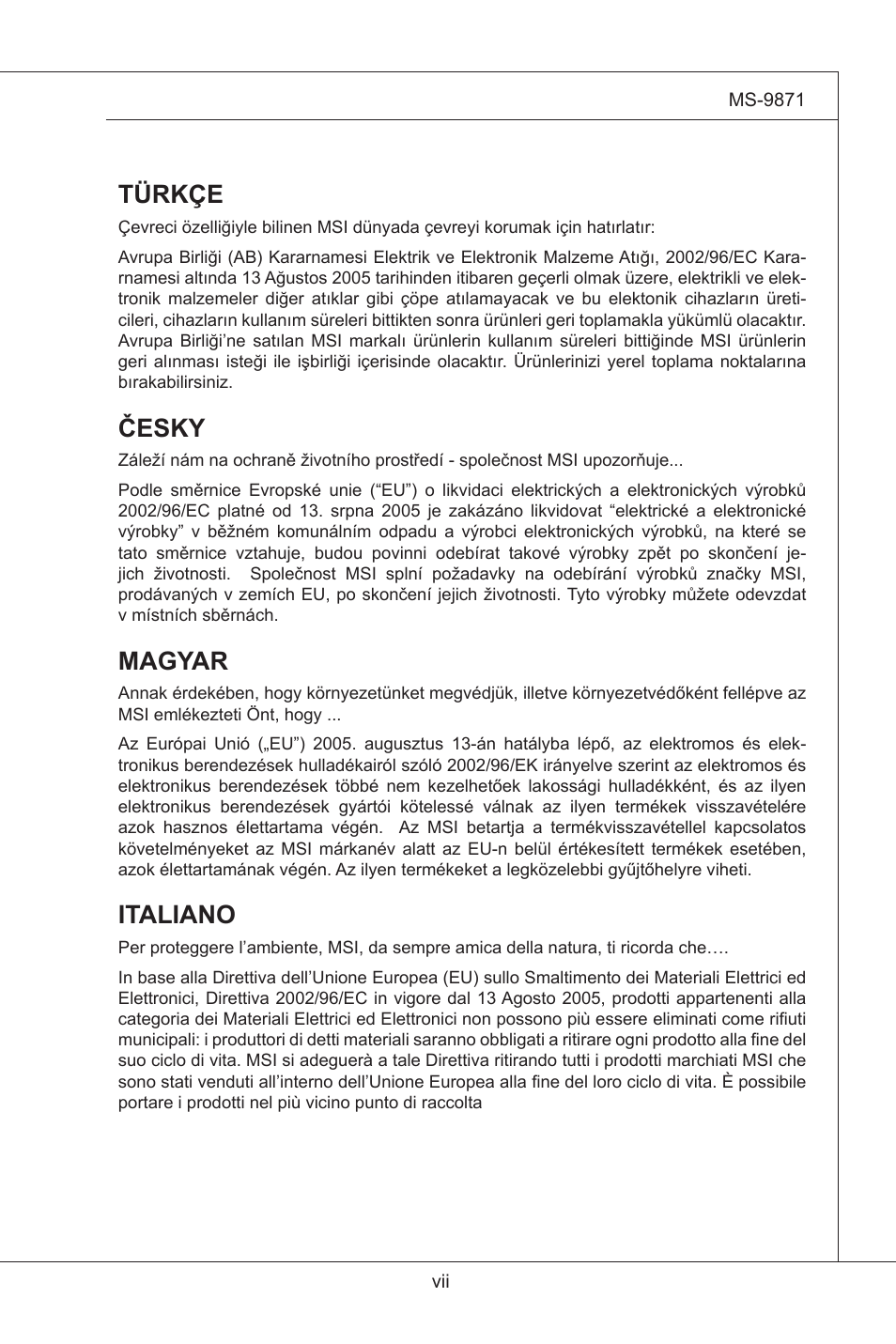 Türkçe, Česky, Magyar | Italiano | MSI IM-GS45-M User Manual | Page 7 / 63