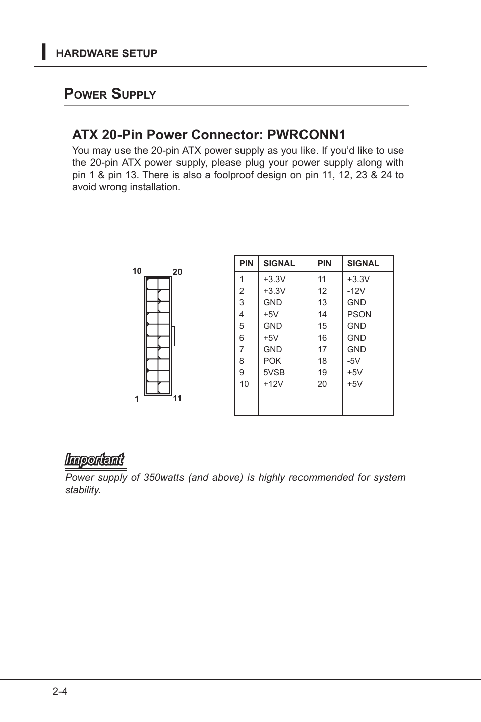 Atx 20-pin power connector: pwrconn1, Important | MSI AM-780E V1.1 User Manual | Page 12 / 24