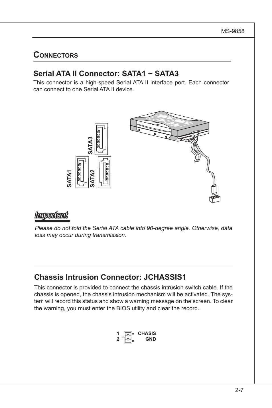 Chassis intrusion connector: jchassis1, Serial ata ii connector: sata1 ~ sata3, Important | MSI AM-780E V1.1 User Manual | Page 15 / 24