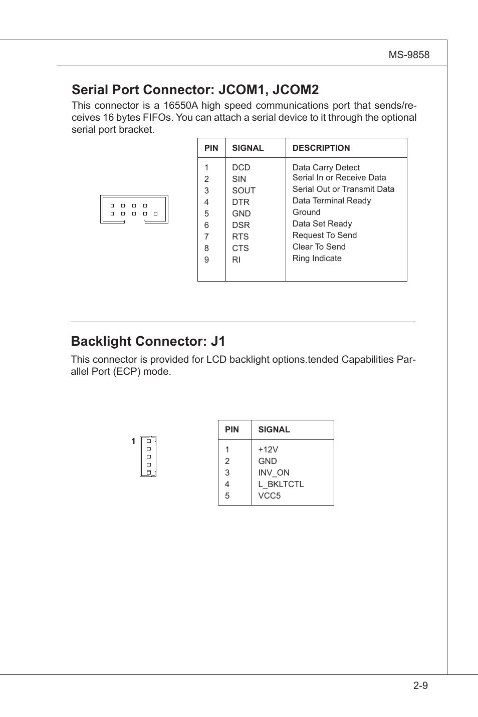 Backlight connector: j1, Serial port connector: jcom1, jcom2 | MSI AM-780E V1.1 User Manual | Page 17 / 24