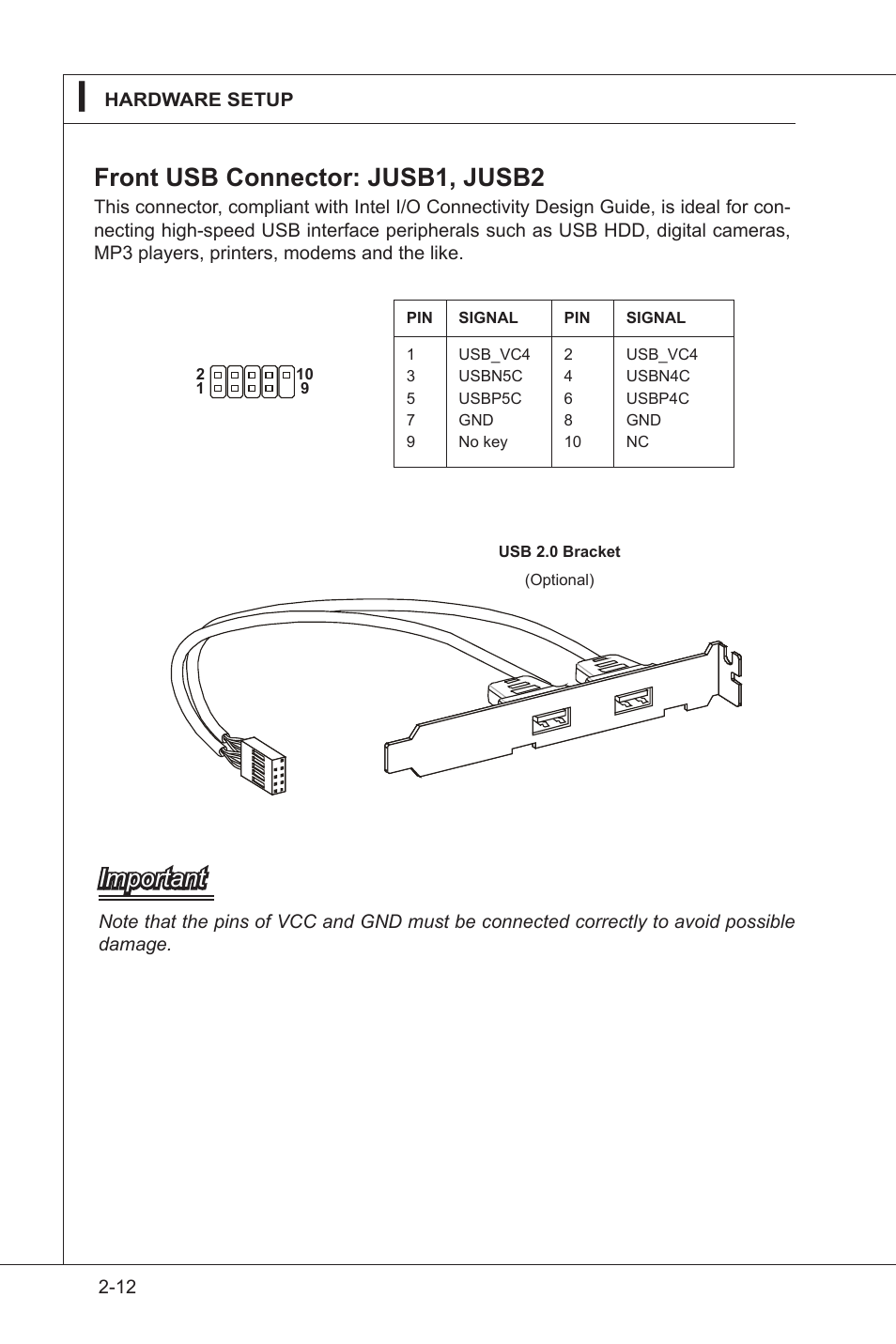 Front usb connector: jusb1, jusb2, Important | MSI AM-780E V1.1 User Manual | Page 20 / 24