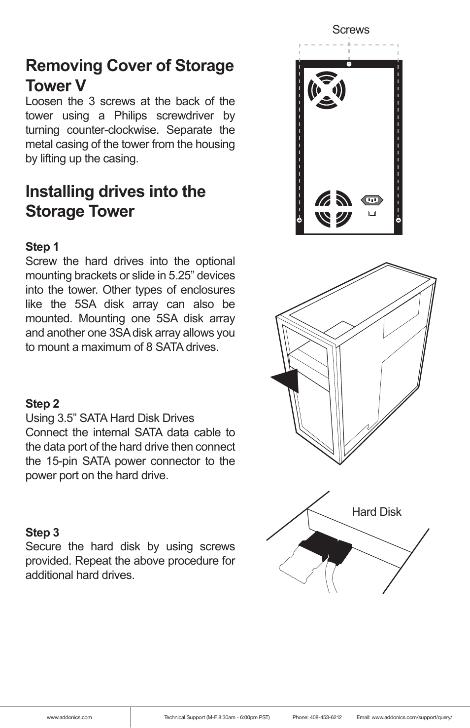 Removing cover of storage tower v, Installing drives into the storage tower | Addonics Technologies STORAGE TOWER V ST55HPMXA User Manual | Page 2 / 8