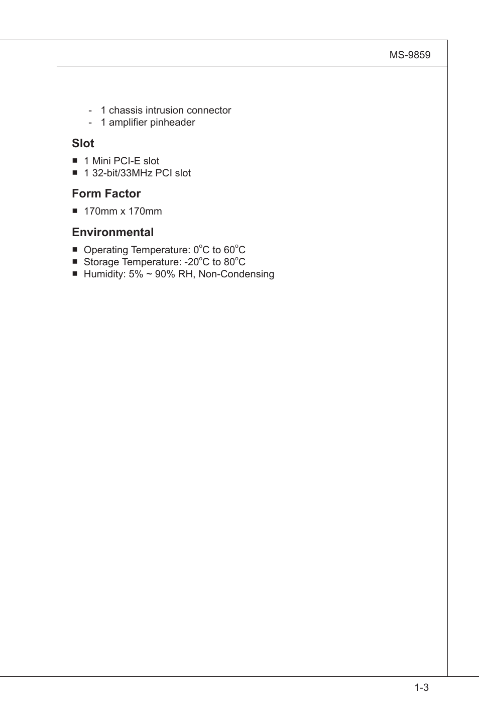 Slot, Form factor, Environmental | MSI IM-GS45-D User Manual | Page 13 / 66