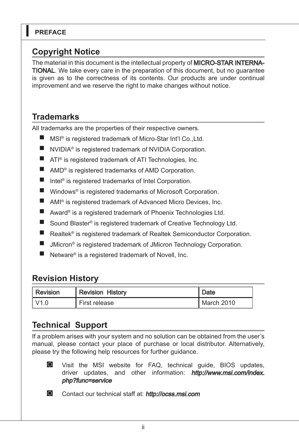 Copyright notice, Trademarks, Revision history | Technical support | MSI IM-GS45-D User Manual | Page 2 / 66