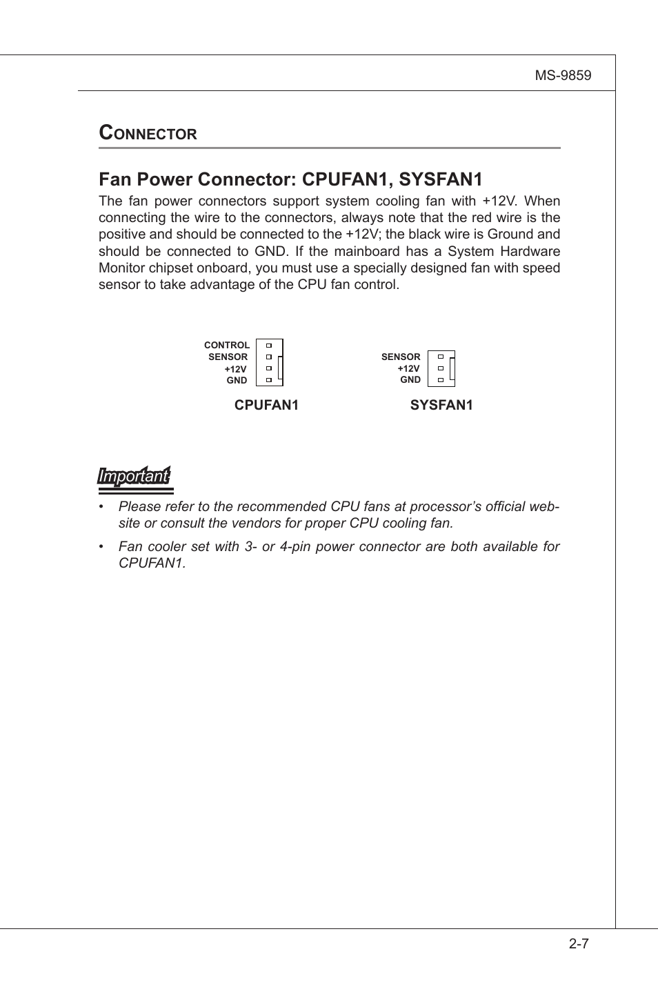 Fan power connector: cpufan1, sysfan1, Important | MSI IM-GS45-D User Manual | Page 27 / 66