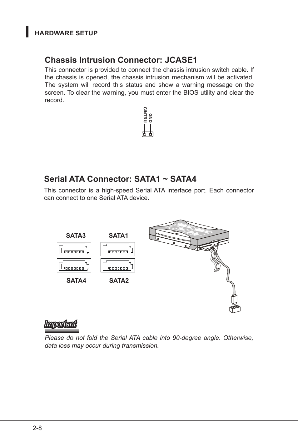 Serial ata connector: sata1 ~ sata4, Chassis intrusion connector: jcase1 | MSI IM-GS45-D User Manual | Page 28 / 66