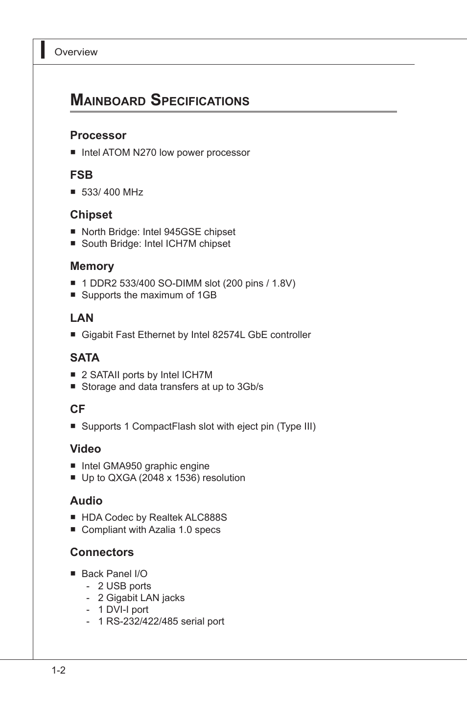 Mainboard specifications, Mainboard specifications -2 | MSI I3-945GSE User Manual | Page 12 / 63