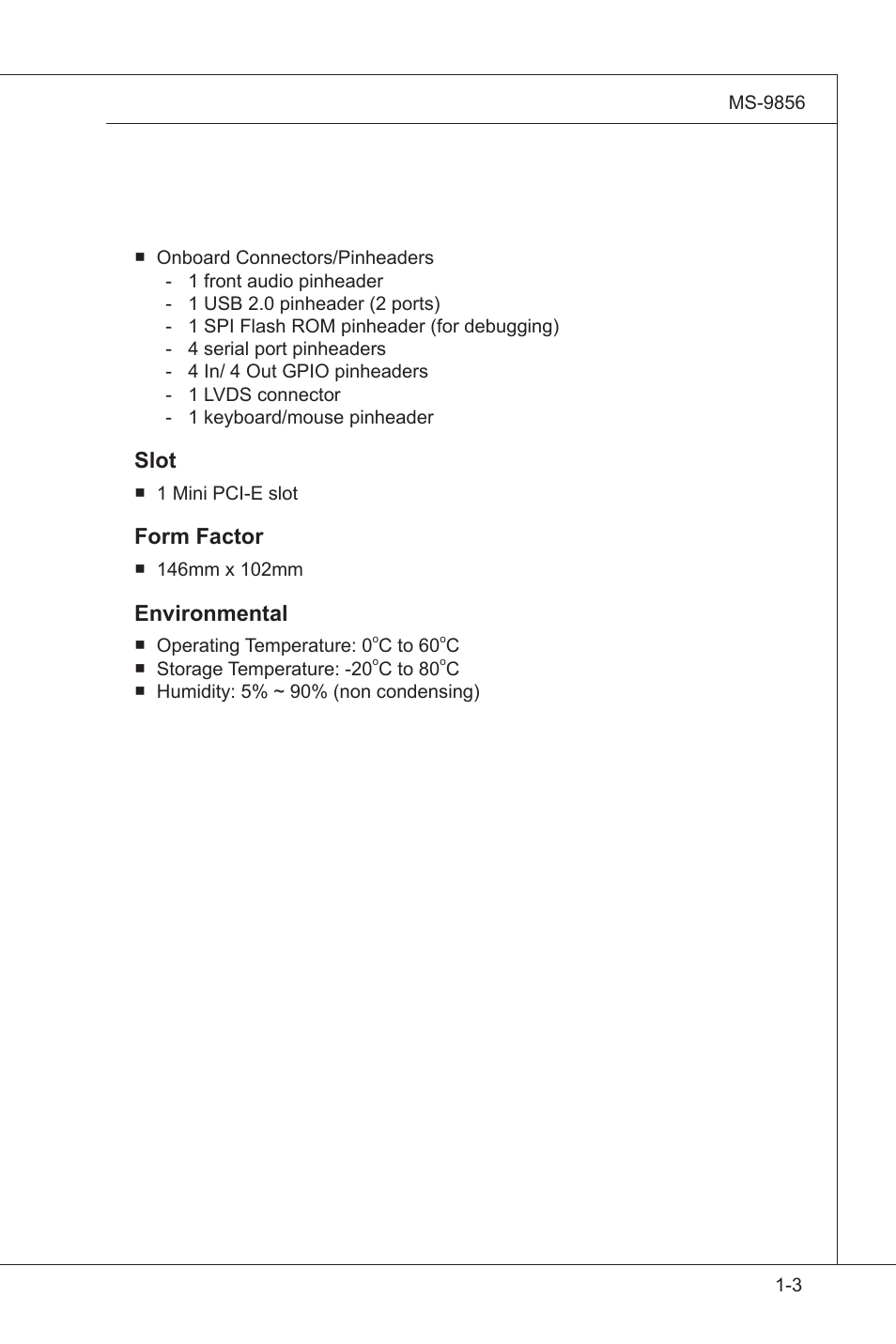 Slot, Form factor, Environmental | MSI I3-945GSE User Manual | Page 13 / 63