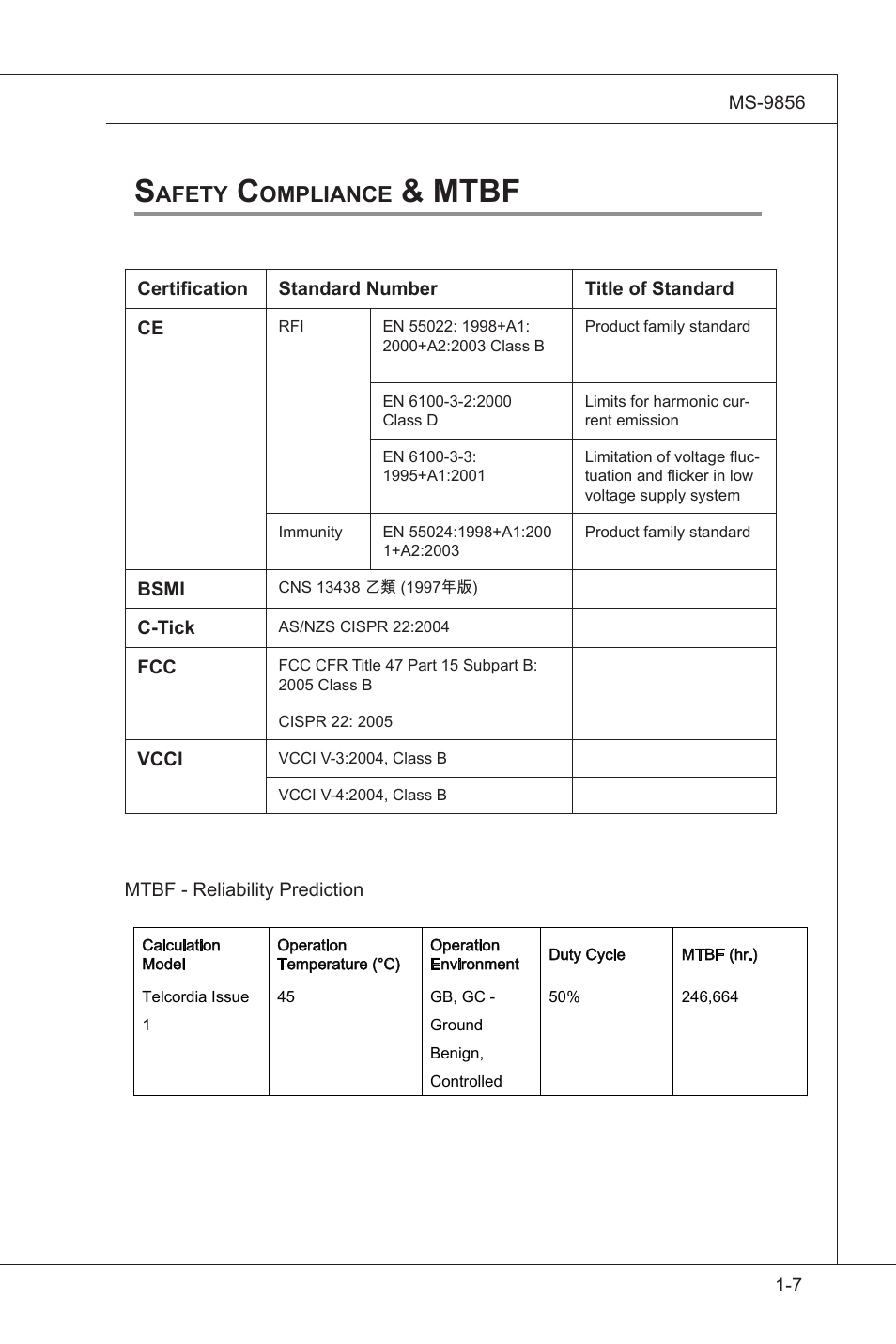 Safety compliance & mtbf, Safety compliance & mtbf -7, Mtbf | Afety, Ompliance | MSI I3-945GSE User Manual | Page 17 / 63