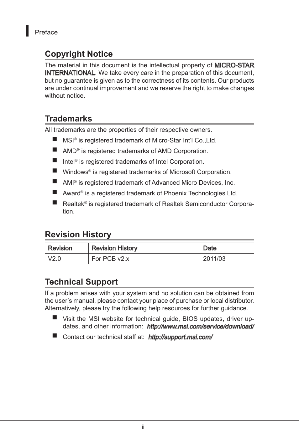 Copyright notice, Trademarks, Revision history | Technical support | MSI I3-945GSE User Manual | Page 2 / 63