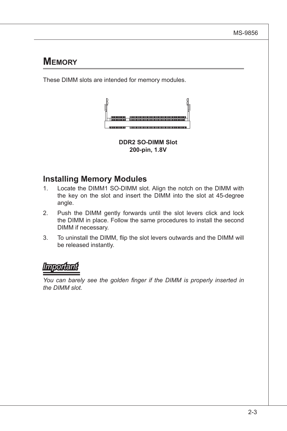 Memory, Memory -3, Important | MSI I3-945GSE User Manual | Page 21 / 63