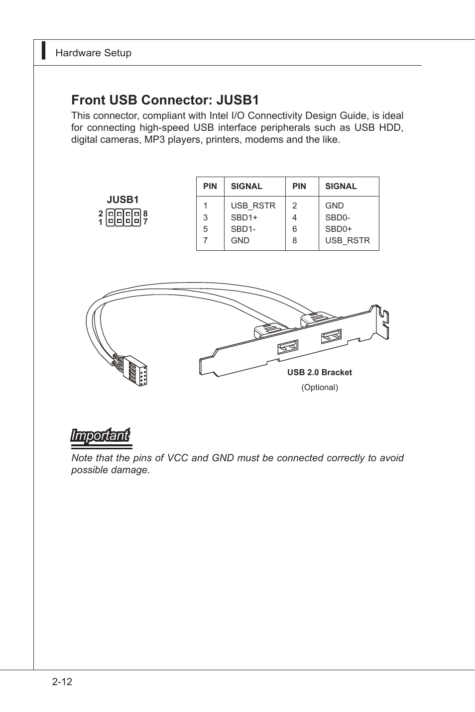 Front usb connector: jusb1, Important | MSI I3-945GSE User Manual | Page 30 / 63