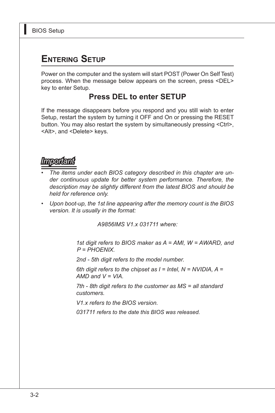 Entering setup, Entering setup -2, Press del to enter setup | Important | MSI I3-945GSE User Manual | Page 36 / 63