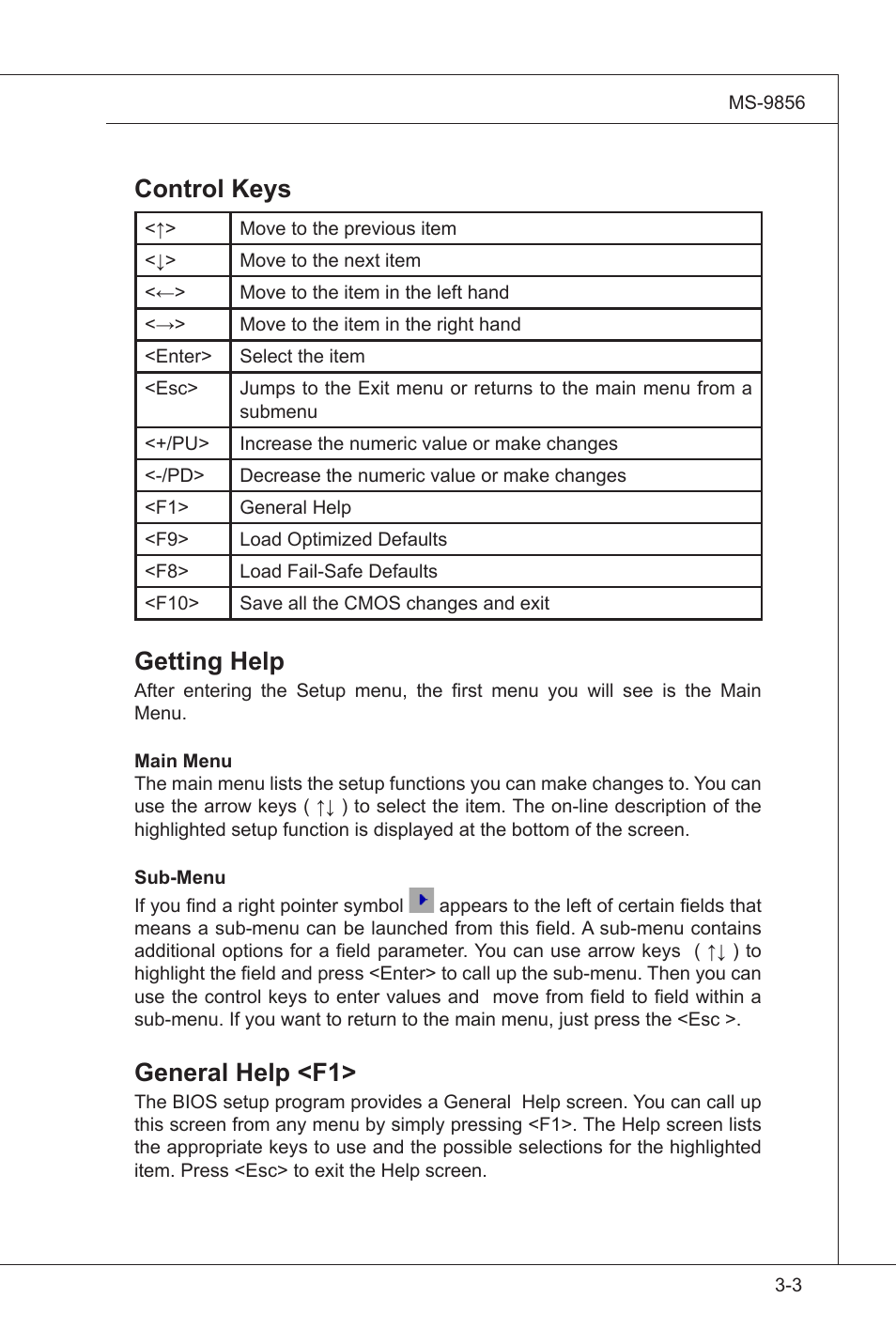 Control keys, Getting help, General help <f1 | MSI I3-945GSE User Manual | Page 37 / 63