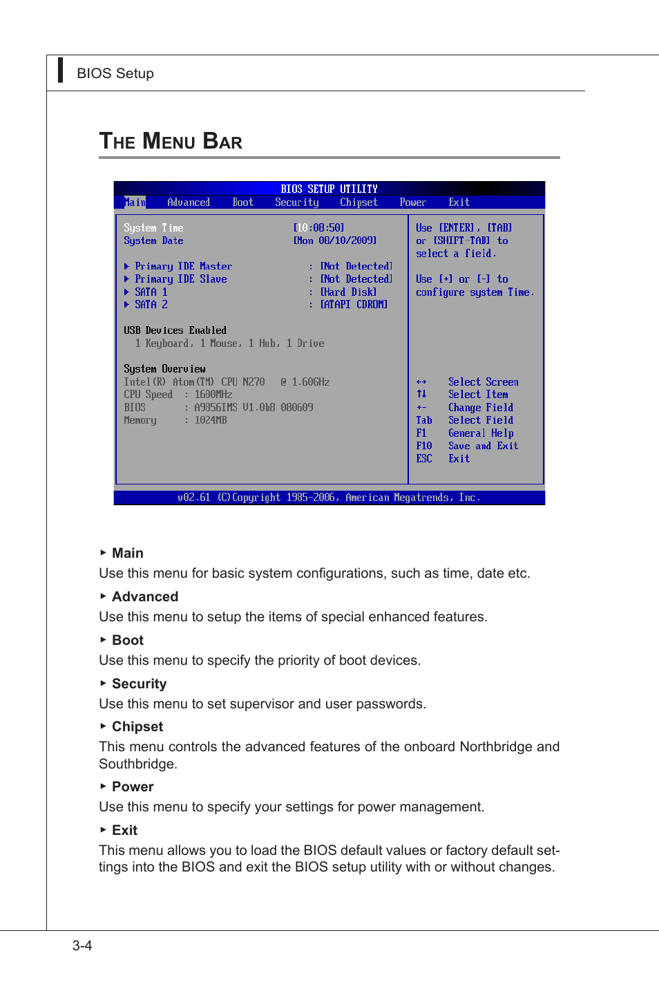 The menu bar, The main menu, The menu bar -4 | MSI I3-945GSE User Manual | Page 38 / 63