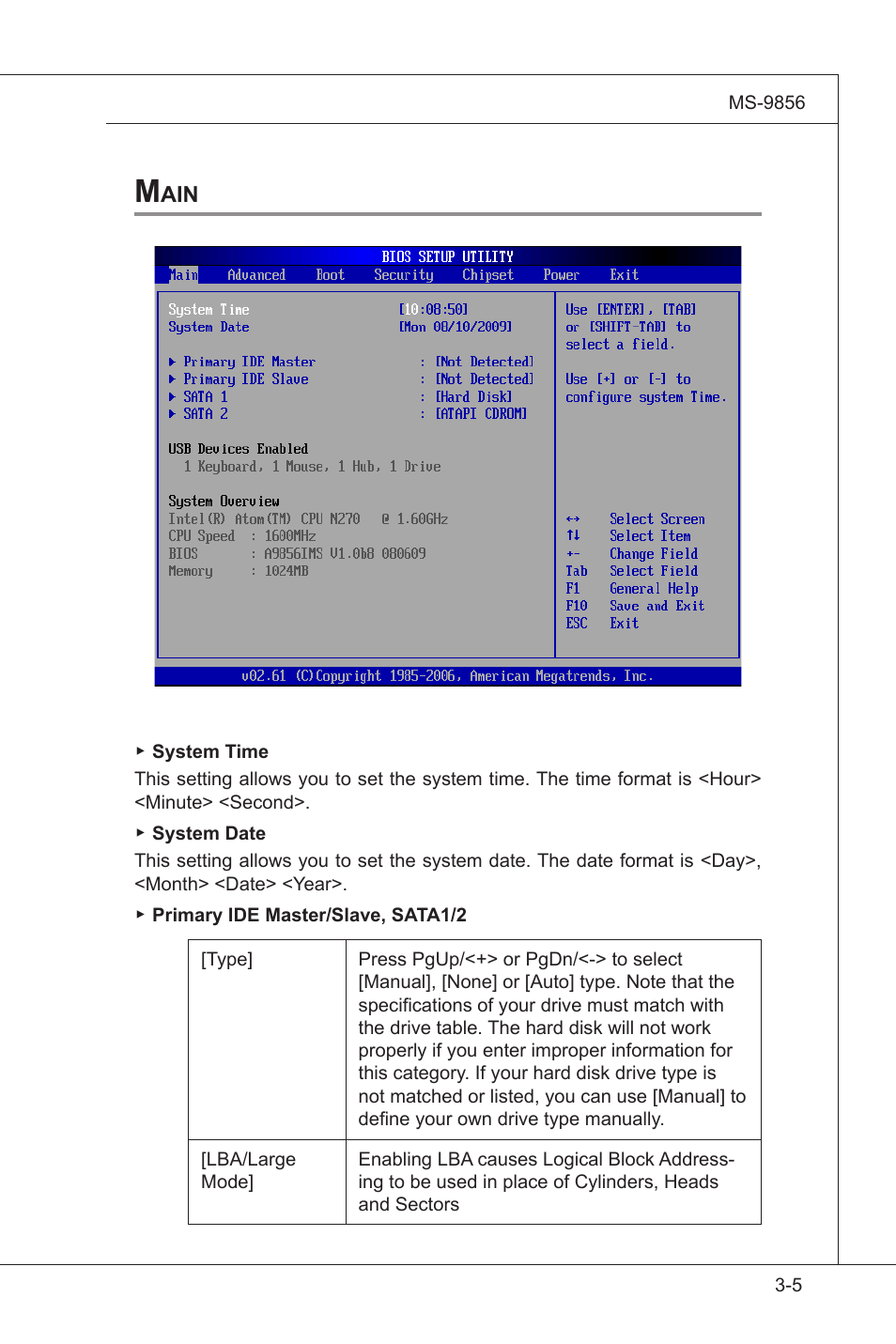 Main, Standard cmos features, Main -5 | MSI I3-945GSE User Manual | Page 39 / 63