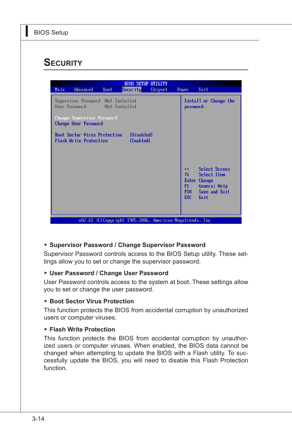 Security, Power management setup, Security -14 | MSI I3-945GSE User Manual | Page 48 / 63