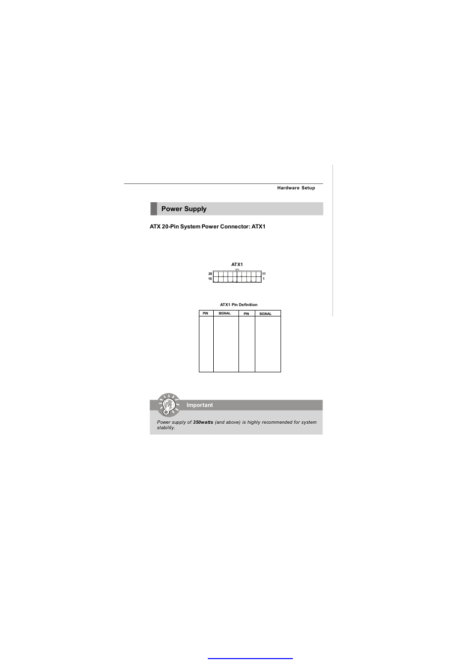 Power supply, Important, Atx 20-pin system power connector: atx1 | MSI Fuzzy 945GME2 V4.0 User Manual | Page 25 / 78