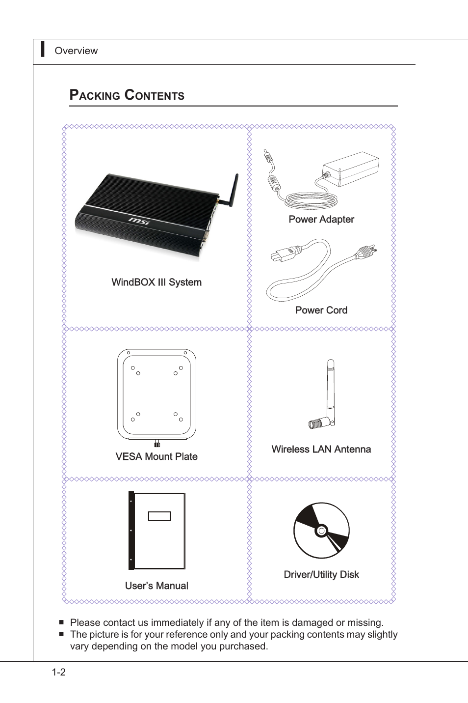 Packing contents, Packing contents -2 | MSI MS-9A35 (WindBOX III) User Manual | Page 10 / 44