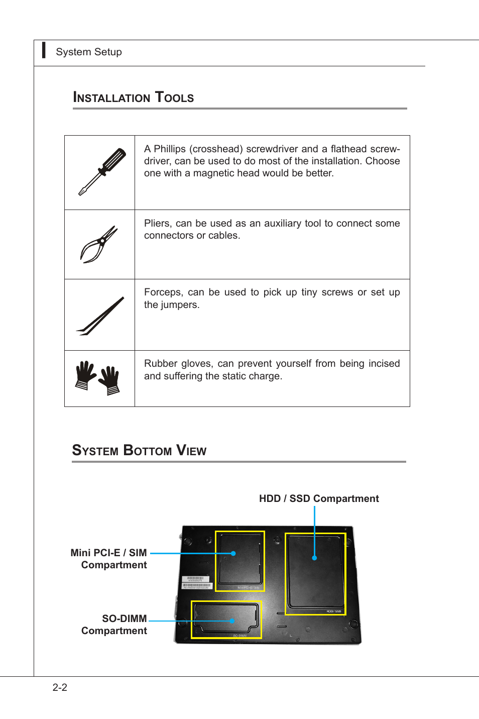 Installation tools, System bottom view, Installation tools -2 system bottom view -2 | MSI MS-9A35 (WindBOX III) User Manual | Page 18 / 44