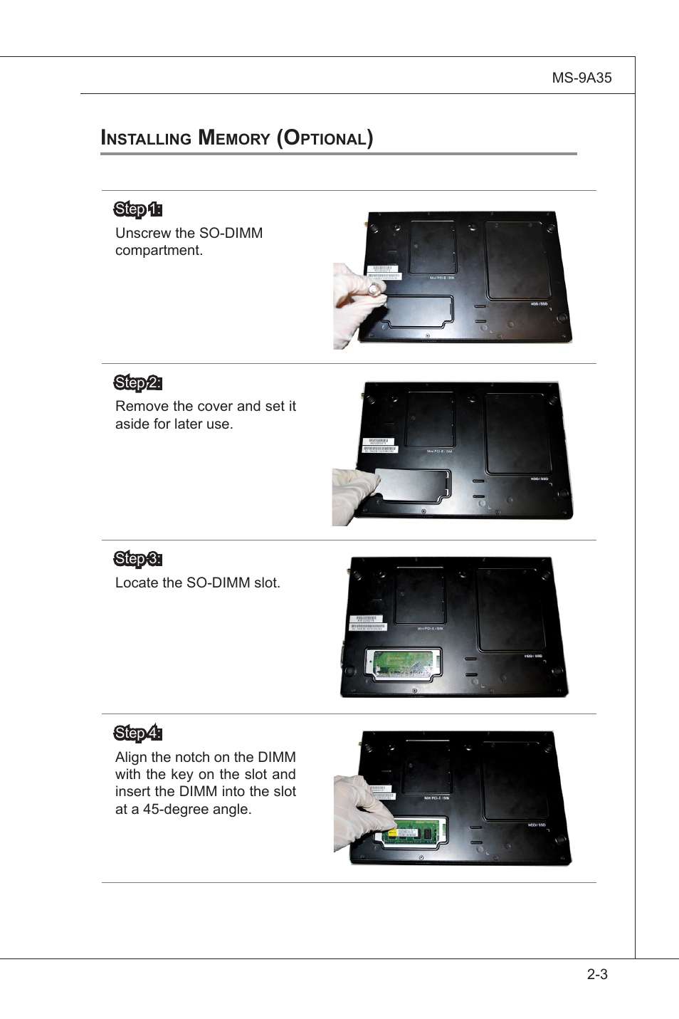 Installing memory, Installing memory (optional) -3 | MSI MS-9A35 (WindBOX III) User Manual | Page 19 / 44