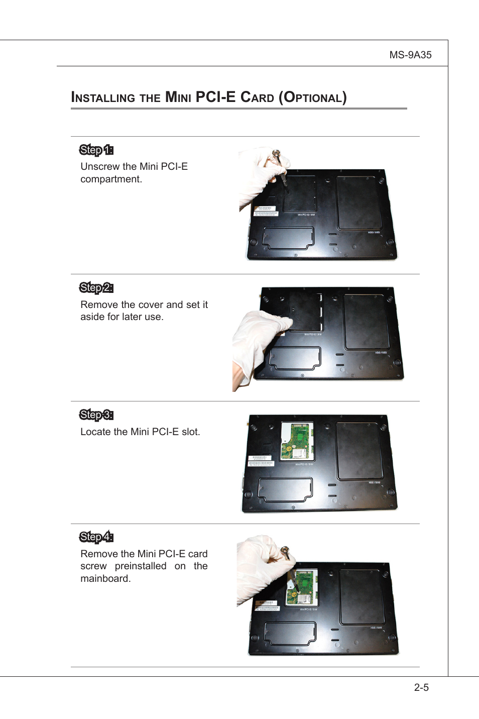 Installing the mini pci-e card, Installing the mini pci-e card (optional) -5, Pci-e c | MSI MS-9A35 (WindBOX III) User Manual | Page 21 / 44