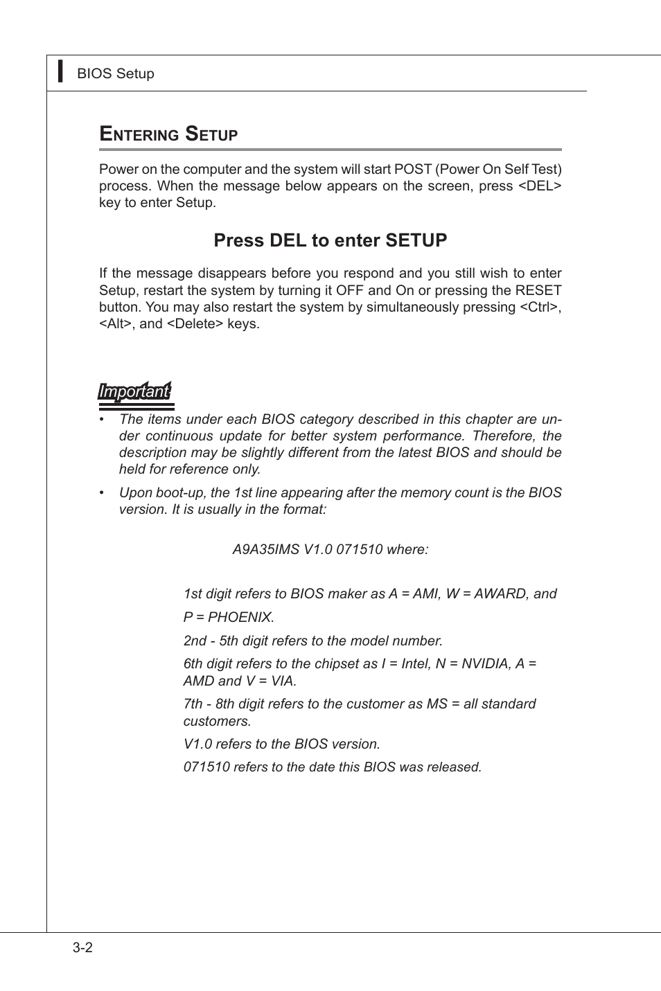 Entering setup, Entering setup -2, Press del to enter setup | MSI MS-9A35 (WindBOX III) User Manual | Page 30 / 44