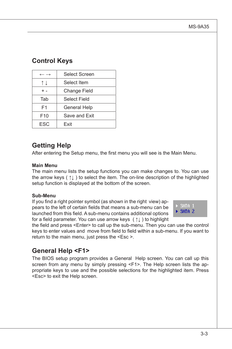 Control keys, Getting help, General help <f1 | MSI MS-9A35 (WindBOX III) User Manual | Page 31 / 44