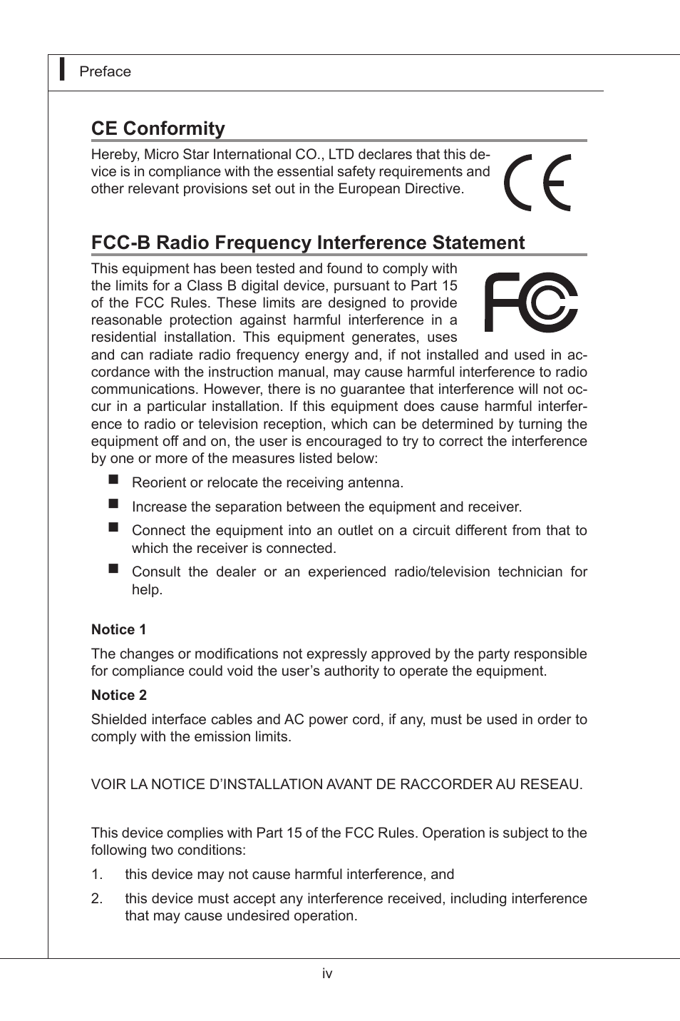 Ce conformity, Fcc-b radio frequency interference statement | MSI MS-9A35 (WindBOX III) User Manual | Page 4 / 44