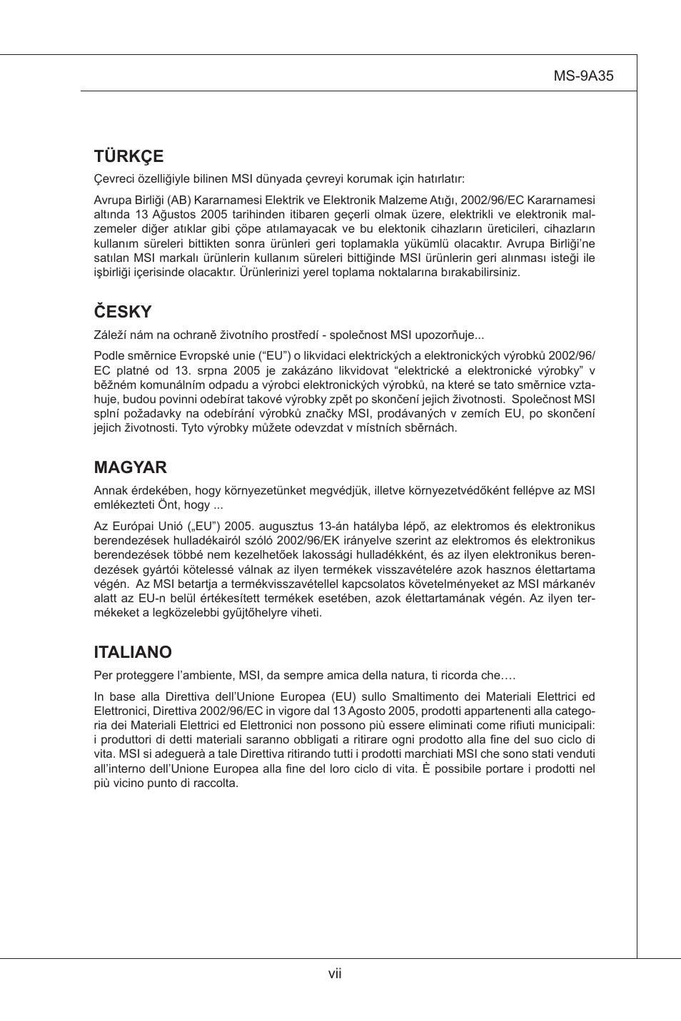 Türkçe, Česky, Magyar | Italiano | MSI MS-9A35 (WindBOX III) User Manual | Page 7 / 44
