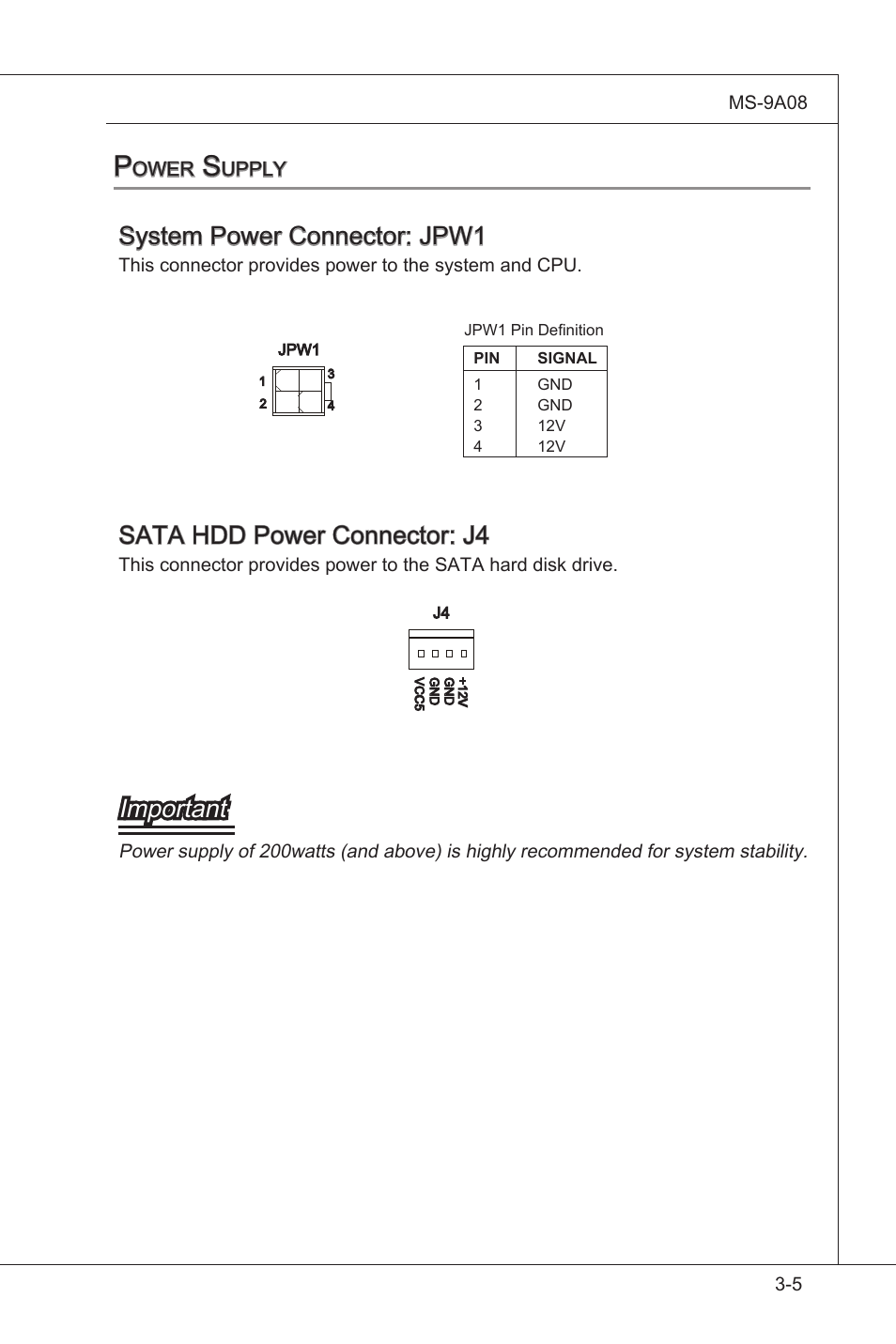 System power connector: jpw1, Sata hdd power connector: j4, Important | MSI MS-9A08 User Manual | Page 37 / 72