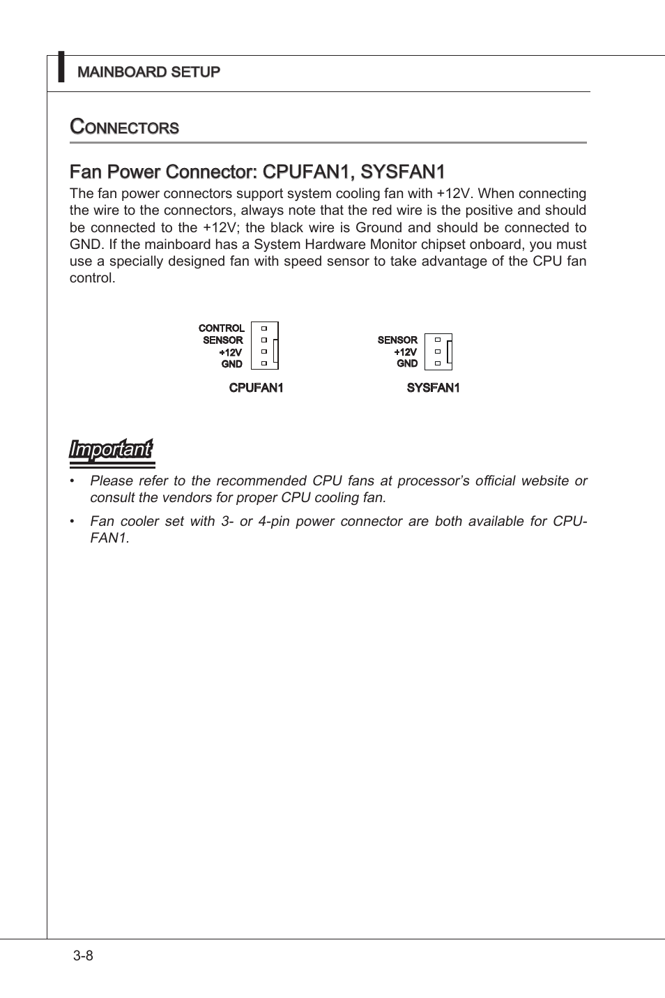 Fan power connector: cpufan1, sysfan1, Important | MSI MS-9A08 User Manual | Page 40 / 72