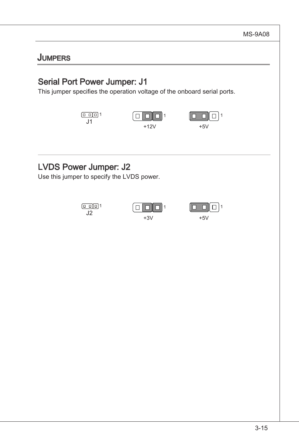 Lvds power jumper: j2, Serial port power jumper: j1 | MSI MS-9A08 User Manual | Page 47 / 72