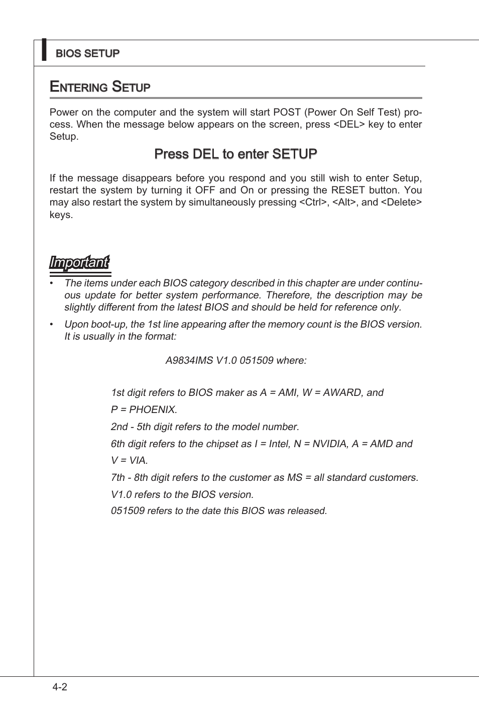 Press del to enter setup, Important | MSI MS-9A08 User Manual | Page 50 / 72