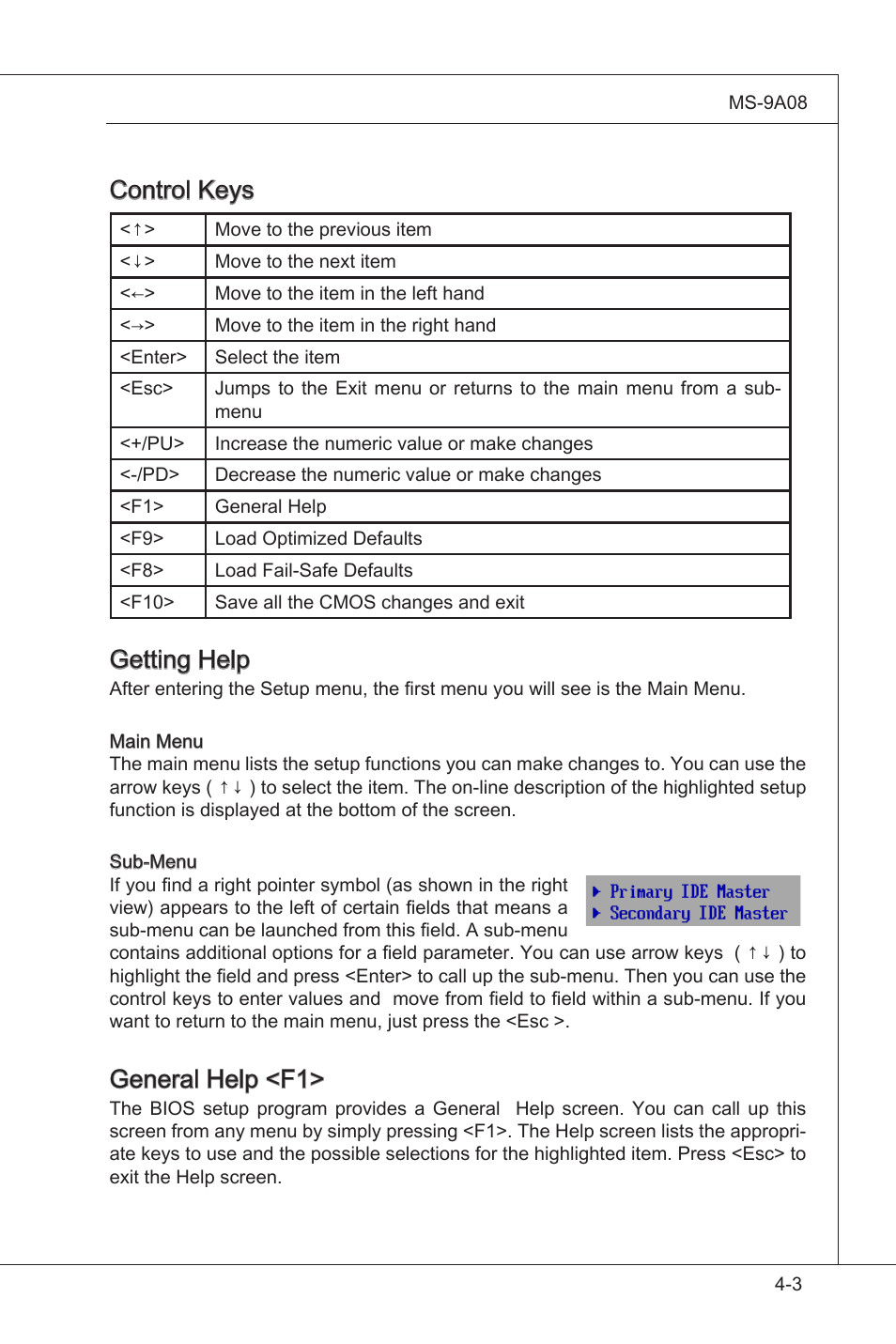 Control keys, Getting help, General help <f1 | MSI MS-9A08 User Manual | Page 51 / 72