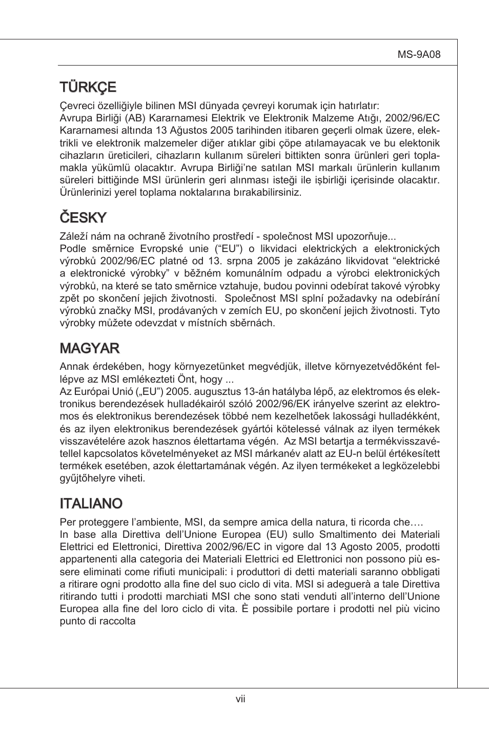 Türkçe, Česky, Magyar | Italiano | MSI MS-9A08 User Manual | Page 7 / 72