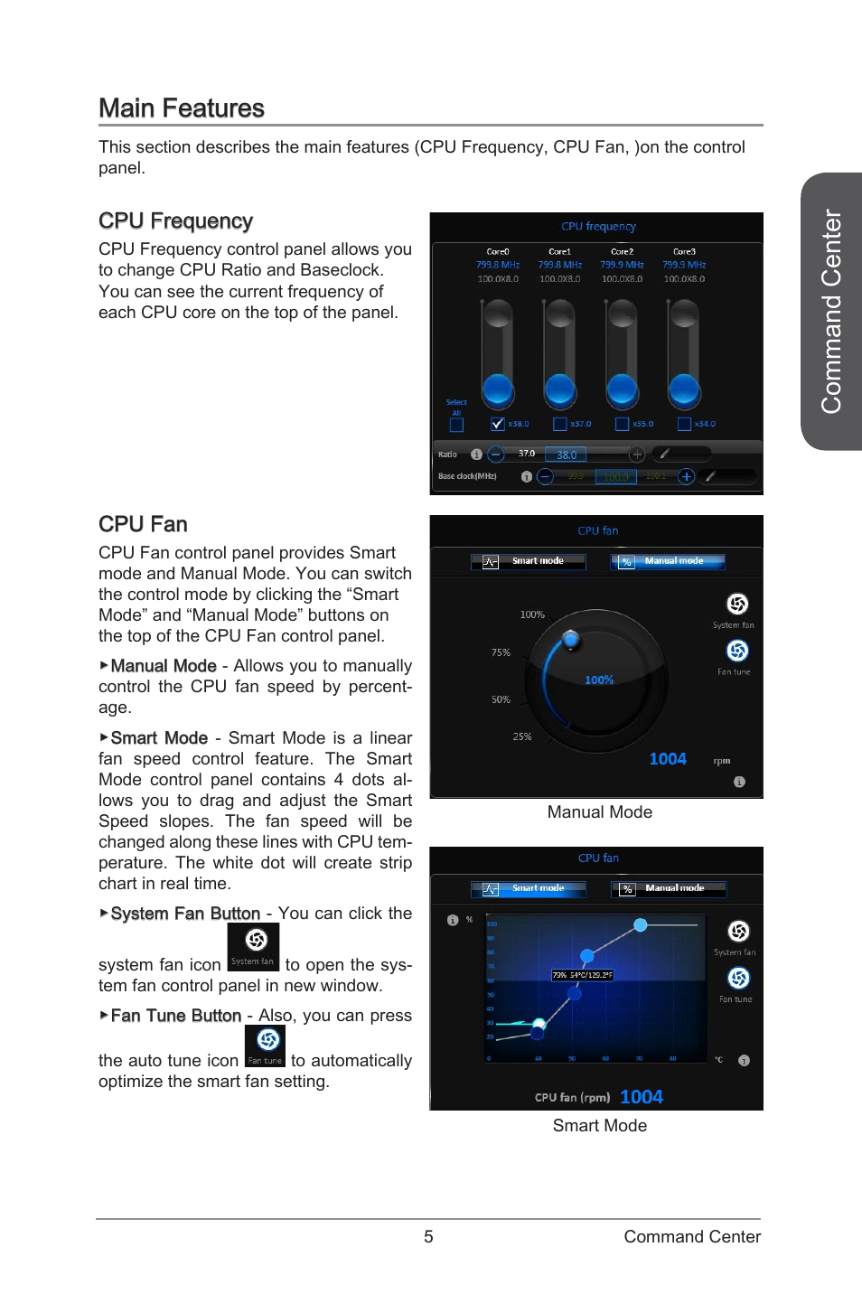 Main features, Cpu frequency cpu fan, Command center | Cpu frequency, Cpu fan | MSI ATX Motherboard User Manual | Page 11 / 64