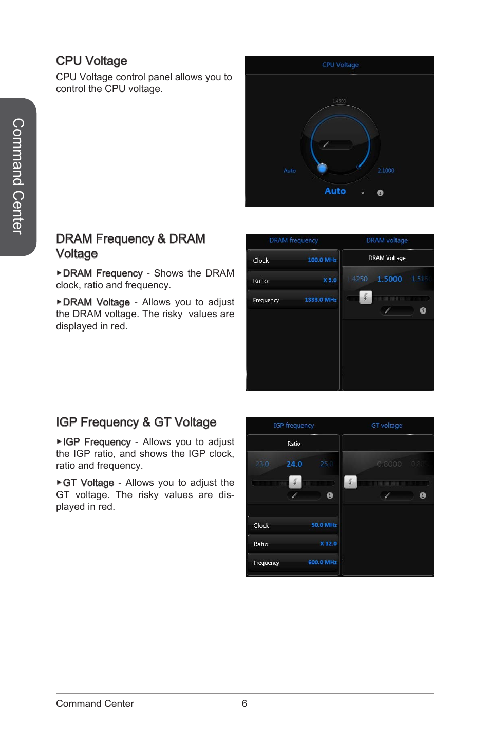 Command center, Cpu voltage, Dram frequency & dram voltage | Igp frequency & gt voltage | MSI ATX Motherboard User Manual | Page 12 / 64