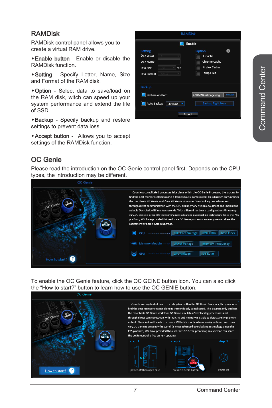 Ramdisk oc genie, Command center, Oc genie | Ramdisk | MSI ATX Motherboard User Manual | Page 13 / 64