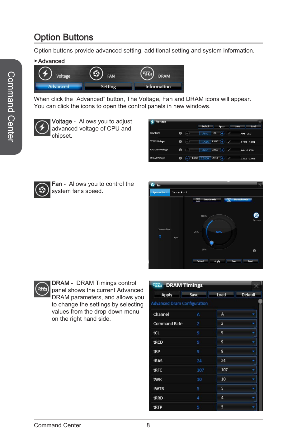 Option buttons, Command center | MSI ATX Motherboard User Manual | Page 14 / 64