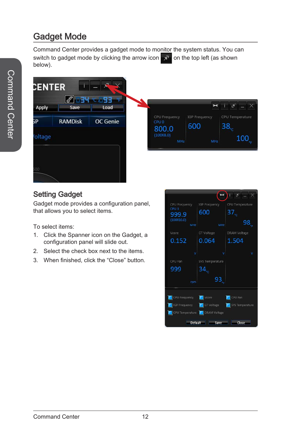 Gadget mode, Setting gadget, Command center | MSI ATX Motherboard User Manual | Page 18 / 64