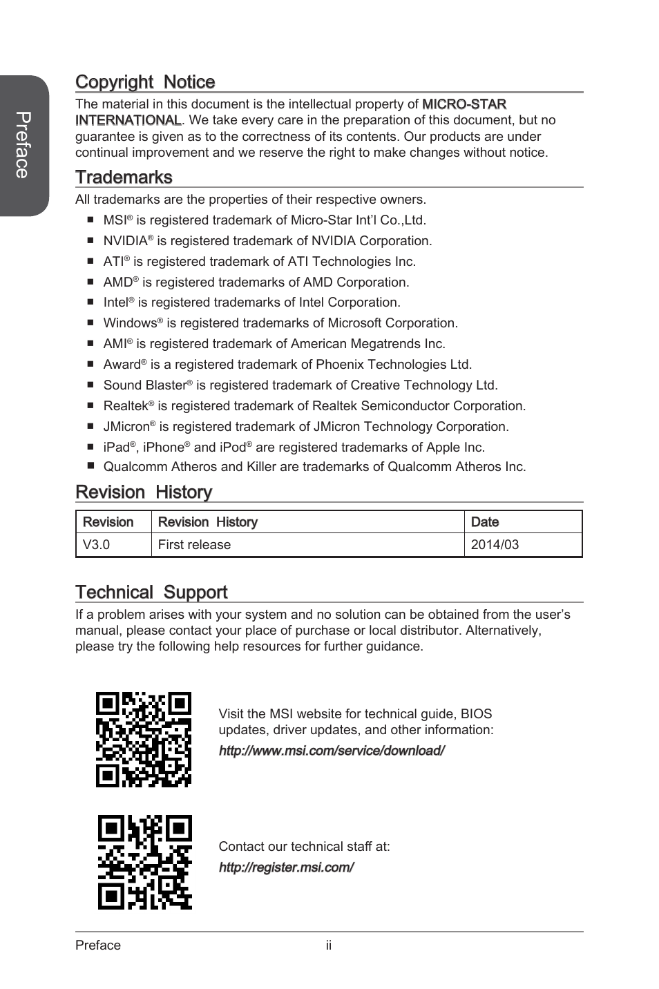 Preface, Copyright notice, Trademarks | Revision history, Technical support | MSI ATX Motherboard User Manual | Page 2 / 64