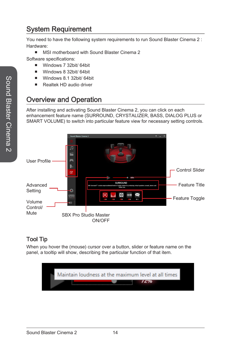 System requirement overview and operation, Tool tip, Sound blaster cinema 2 | System requirement, Overview and operation | MSI ATX Motherboard User Manual | Page 20 / 64