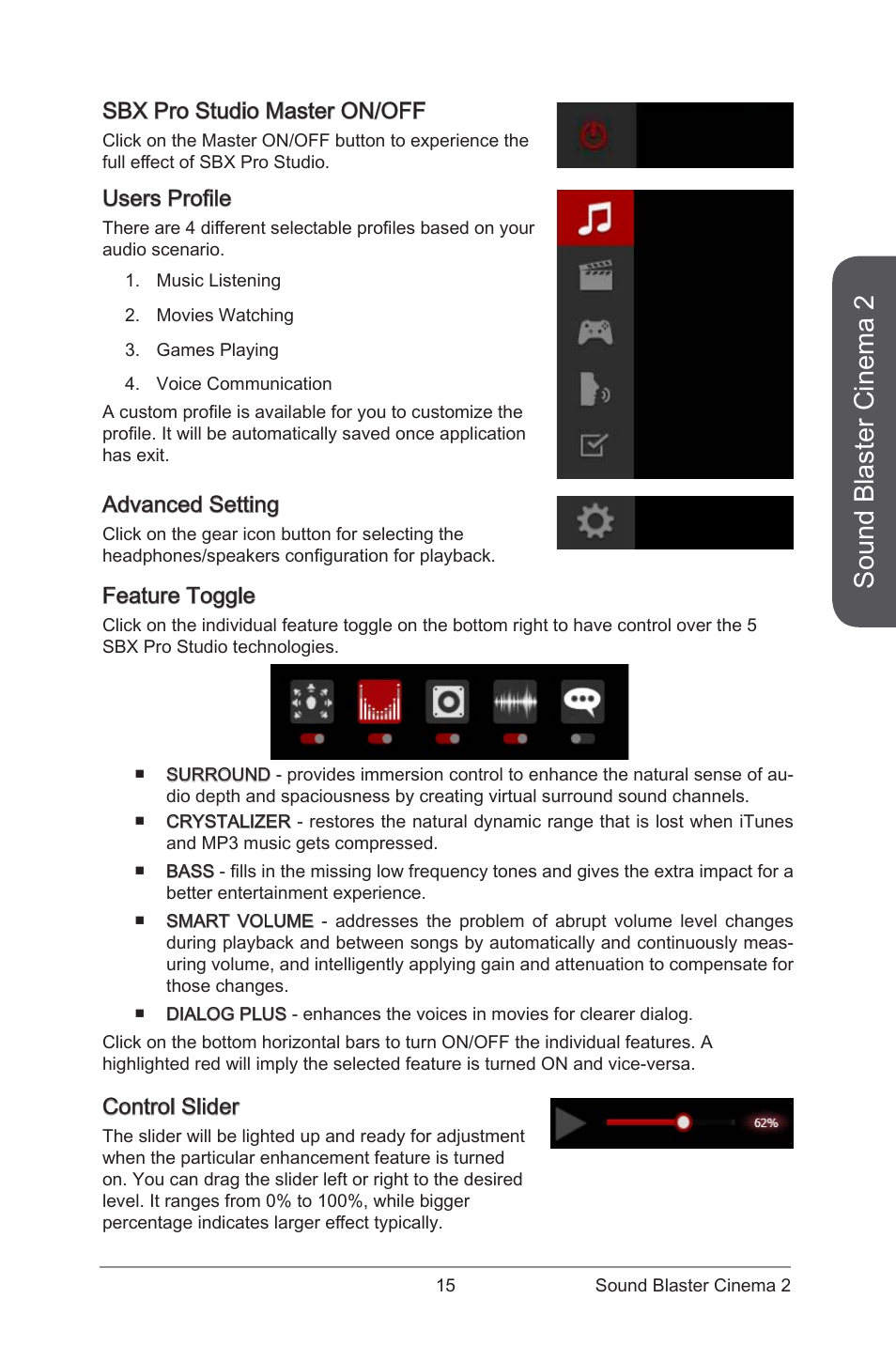 Sound blaster cinema 2, Users profile, Sbx pro studio master on/off | Feature toggle, Control slider, Advanced setting | MSI ATX Motherboard User Manual | Page 21 / 64