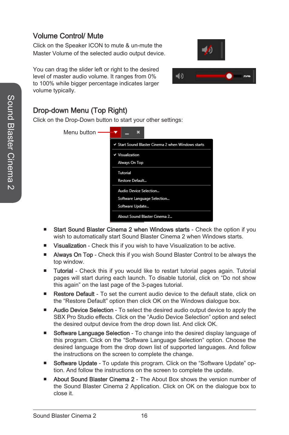 Volume control/ mute drop-down menu (top right), Sound blaster cinema 2, Volume control/ mute | Drop-down menu (top right) | MSI ATX Motherboard User Manual | Page 22 / 64