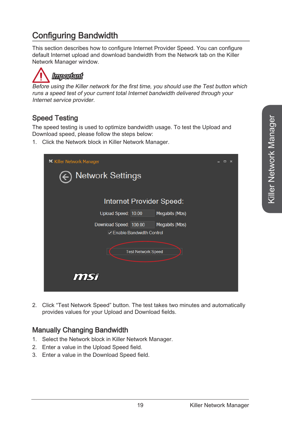 Configuring bandwidth, Speed testing manually changing bandwidth, Killer network manager | MSI ATX Motherboard User Manual | Page 25 / 64