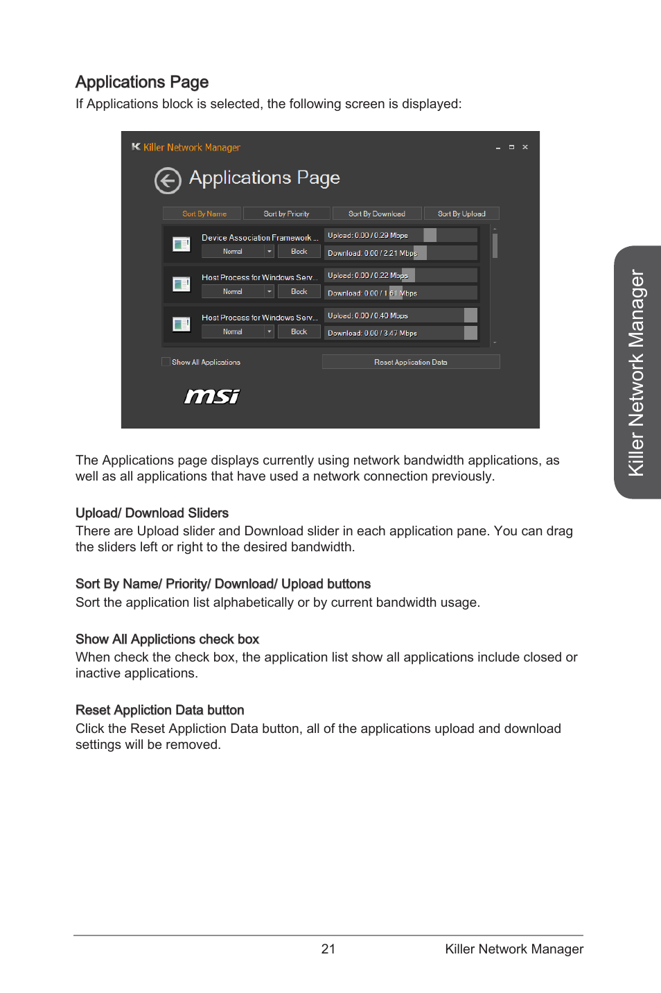 Killer network manager, Applications page | MSI ATX Motherboard User Manual | Page 27 / 64