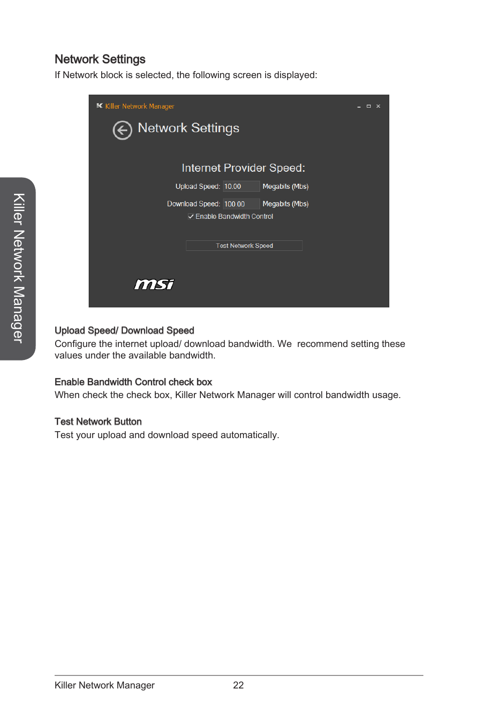 Network settings, Killer network manager | MSI ATX Motherboard User Manual | Page 28 / 64